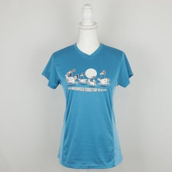 Broomfield Turkey Day 5K/10K Women's Small Blue Graphic V-Neck Short Sleeve Tee - Picture 1 of 7
